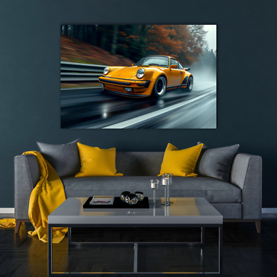 Yellow Porsche 911 Classic Canvas Wall Art, Sport Car 911 High Quality Poster