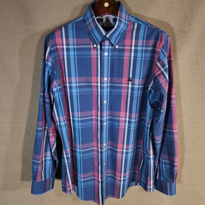 Brooks Brothers Mens Large Regent Cotton Button Up 180/104B Blue Red Plaid Shirt