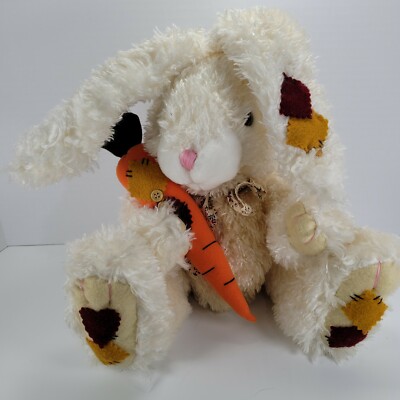 Easter Bunny Holding Carrot w/ Patchwork Patches Cream Stuffed Plush 11'' Clean 