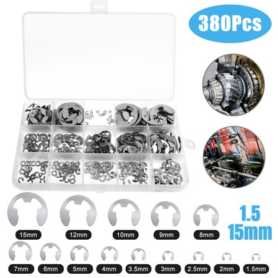 380Pcs Stainless Steel E-Clip Circlip Retaining Ring Assortment Set 1.5mm-15mm