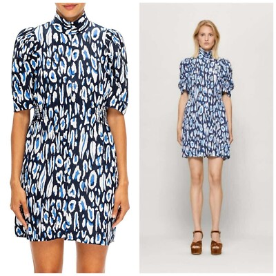 Baum Und Pferdgarten Dress 16 Blue Mini Painted Zip Neck Short Shirred ''Avany''