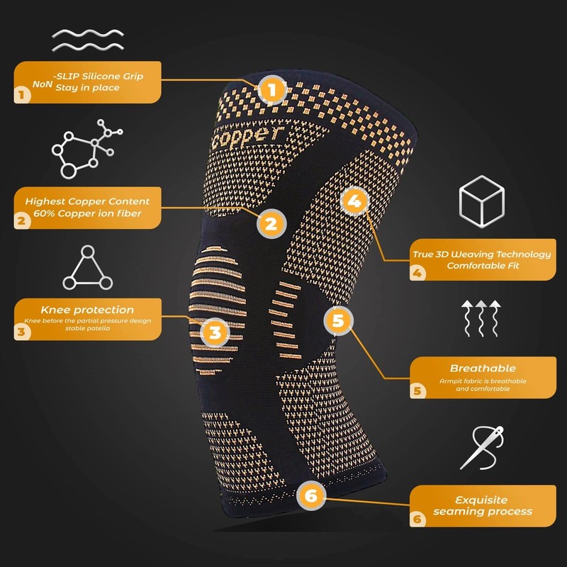 Copper Infused Knee Support Brace Patella Arthritis Joint Compression Sleeve US