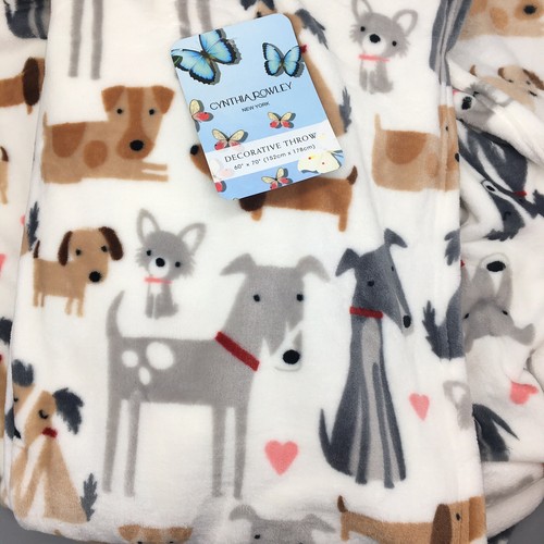 Cynthia Rowley Love Dogs Throw Blanket Micro Fleece Pink Hearts Gray Tan 70