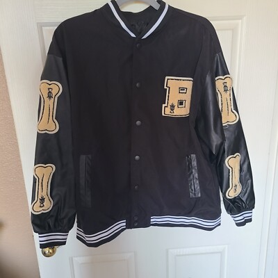 Varsity Jacket Black Bones Patchwork Baseball Faux Leather - Size Medium
