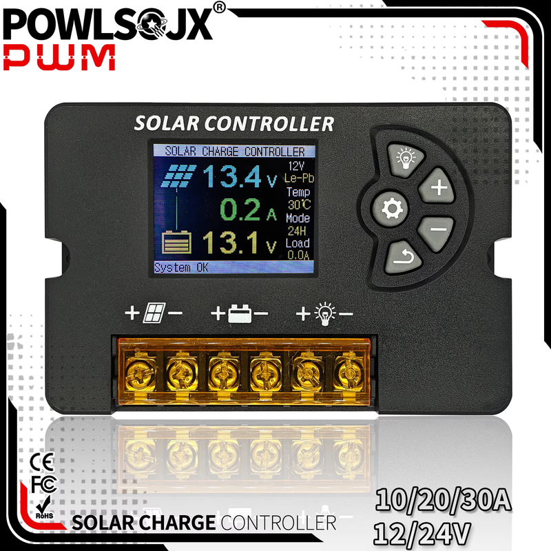 12V/24V PWM Solar Charge Controller 10A/20A/30A with Color LCD Screen, Adjustabl