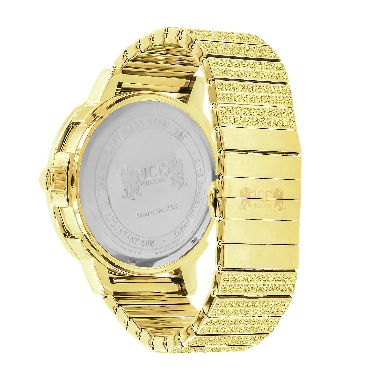 Pre-owned Ice House Real Diamond Dial Full Stainless Steel Canary Gold Tone Men's Watch W/date 54mm
