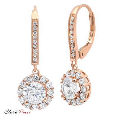 Pre-owned Pucci 3.55ct Round Halo Lab Created Moissanite Drop Dangle Earrings 14k Rose Gold