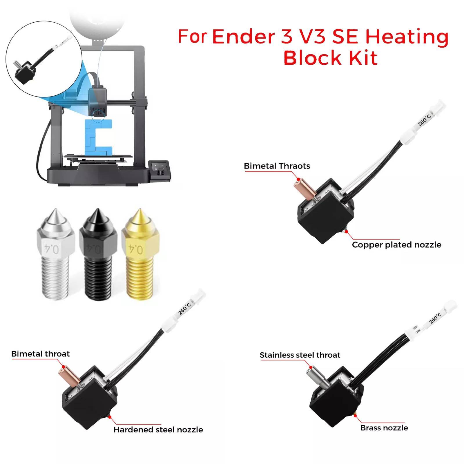 Replace Heating Block Kit For Creality Ender 3 V3 SE Extruder 3D Printer Parts