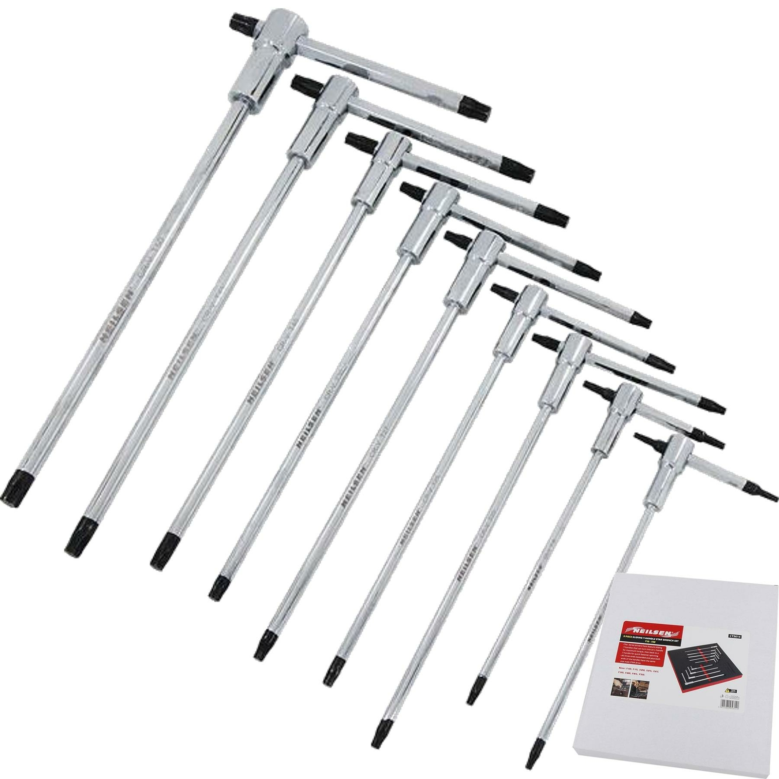 Neilsen 9pcs Long Sliding T-handle Allen Torx Key Wrench Set T10