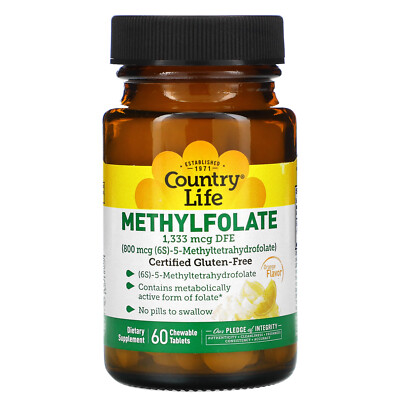 Country Life Метилфолат со вкусом апельсина 800 мкг 60 Smooth Melts Без глютена, GMP