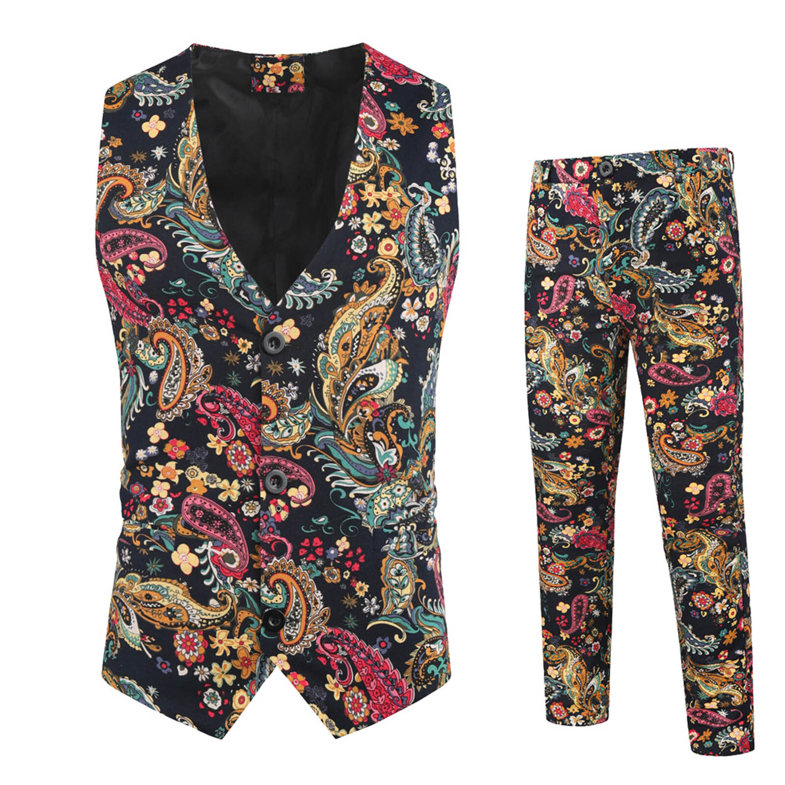 Mens Casual Party Vintage Bright Color Printing Vest Pants Two-piece Suit Vest