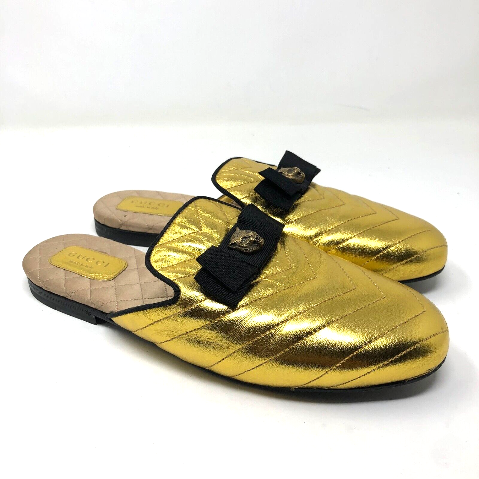 Gucci Princetown Quilted Gold Mules Womens 38 8 Metallic Luxury