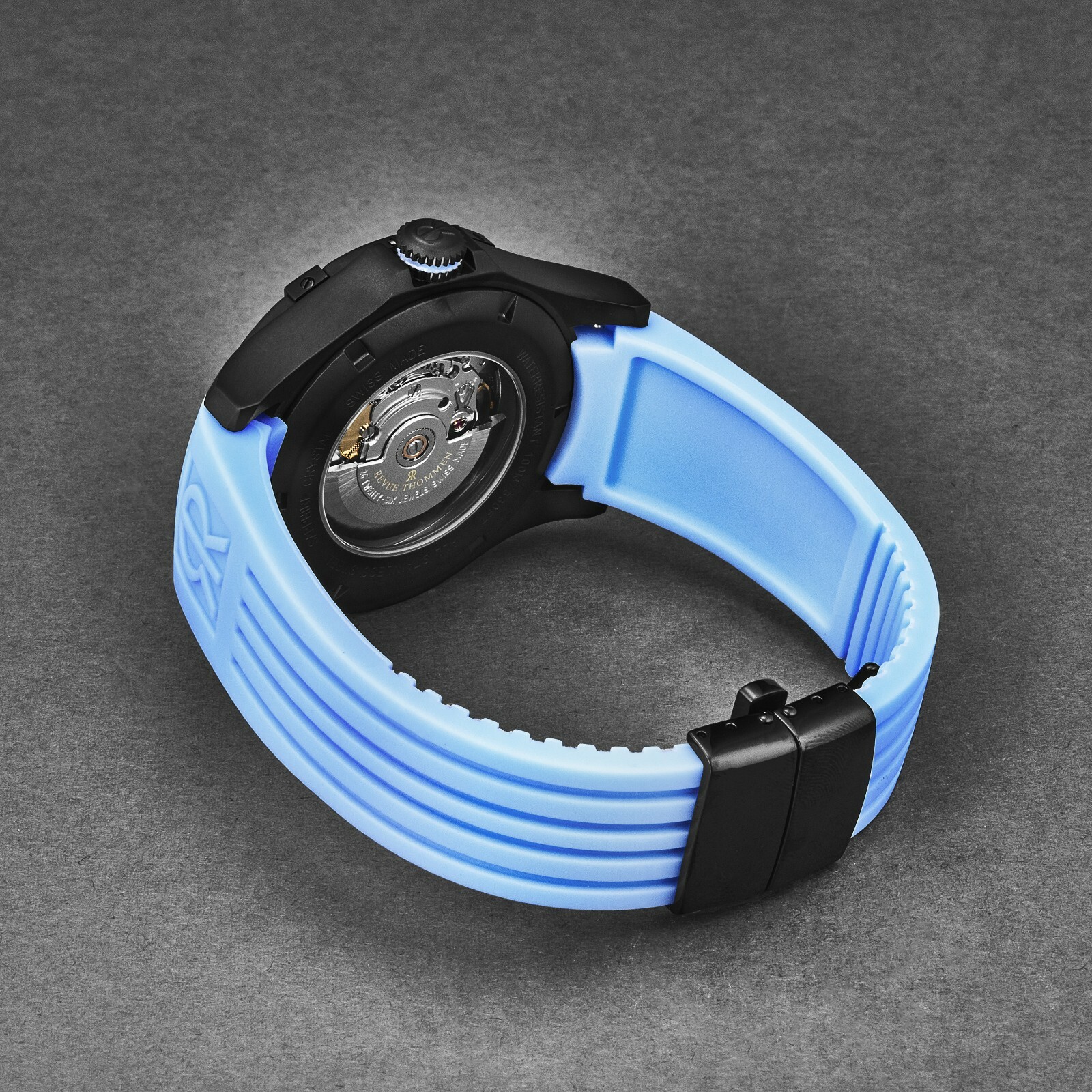 Pre-owned Revue Thommen Mens Air Speed Black Dial Blue Rubber Strap Automatic 16070.4775