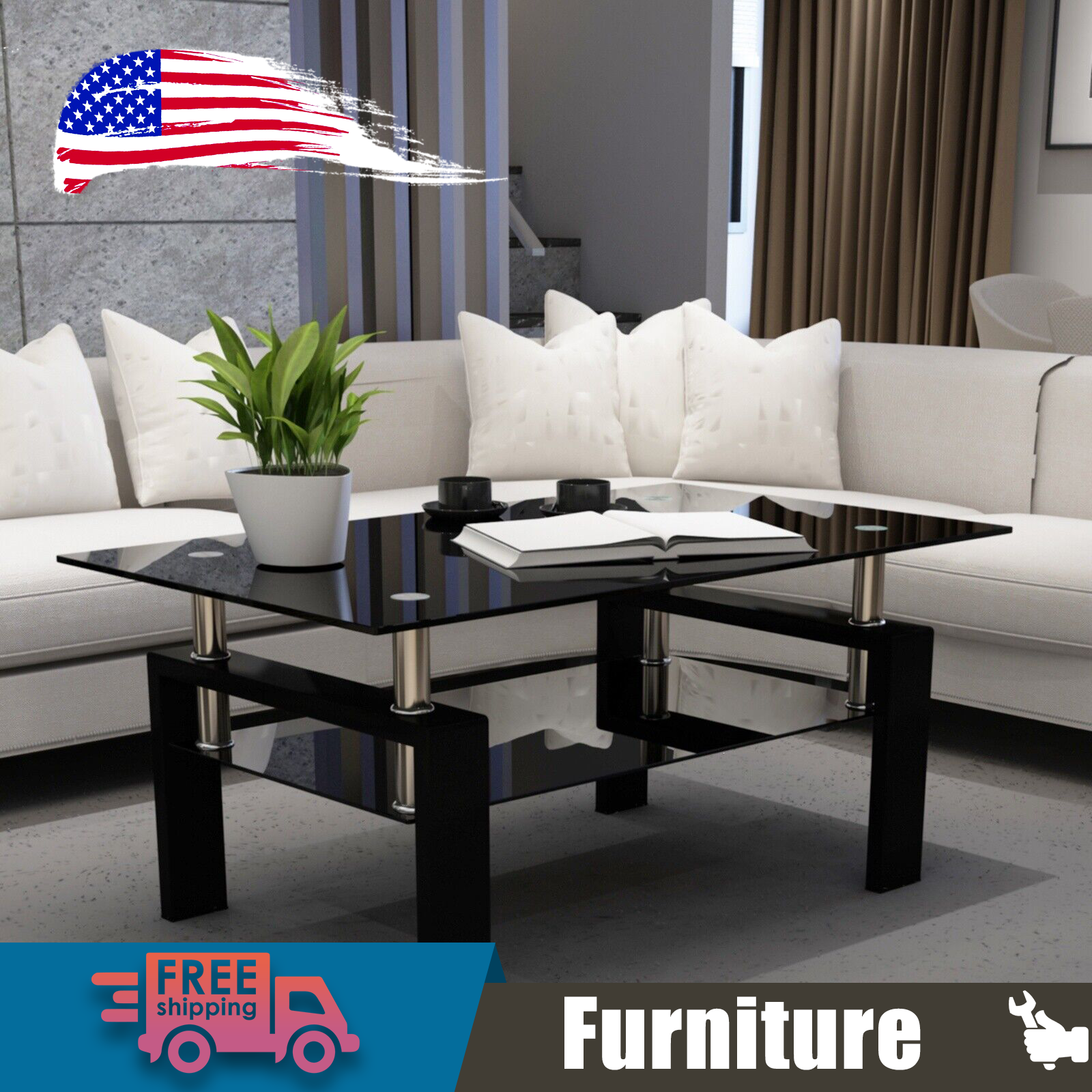 Modern Black Glass Rectangle Coffee Table Side Center for Living Room