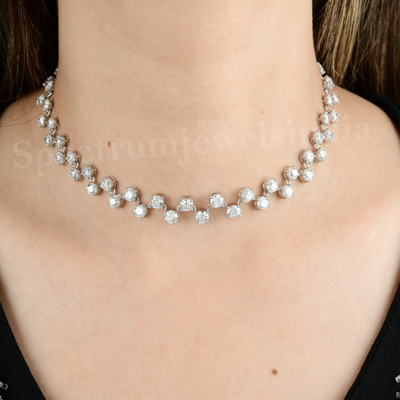 Round Lab Grown CVD Diamond Choker Necklace 14k White Gold