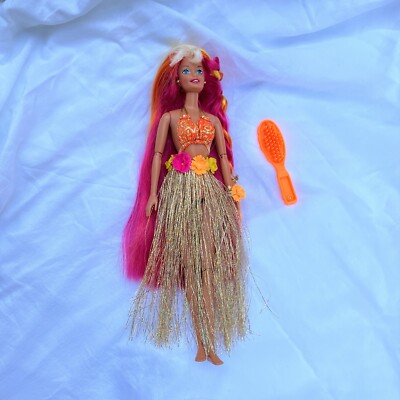 Vintage Hula Hair Barbie Doll 1996 Mattel Hula Skirt Bikini 90s Pink Hair Hawaii