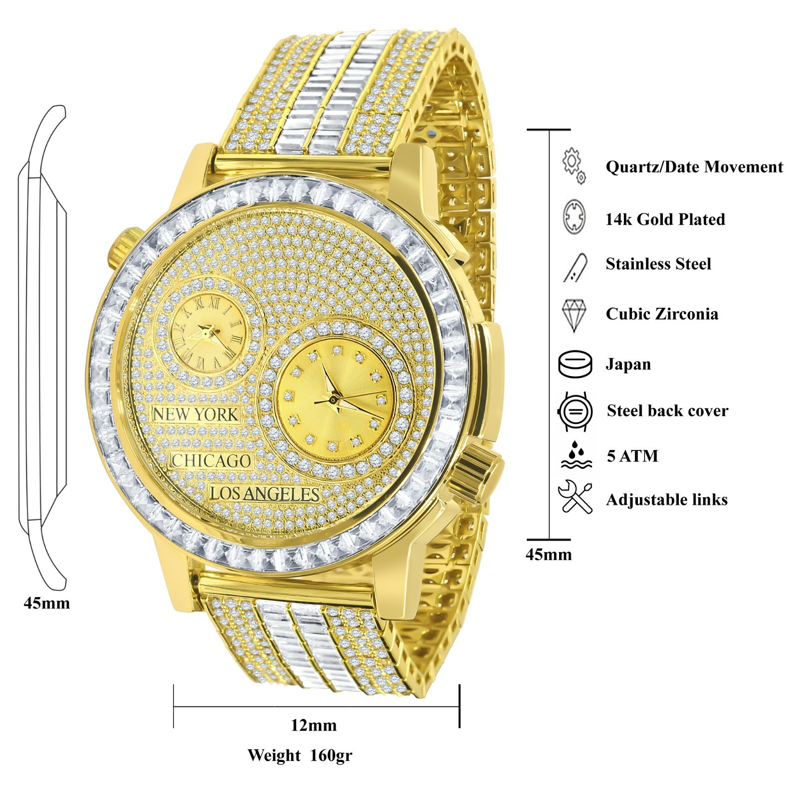 Pre-owned Ice Master Men's Genuine Diamond Gold Tone 2 Time Zone Chronograph Baguette Dial Band Watch
