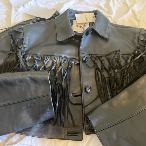 Pre-owned Re/done Re Done, Leather Fringe Jacket Women Size S Black Cropped Clubwear Crop