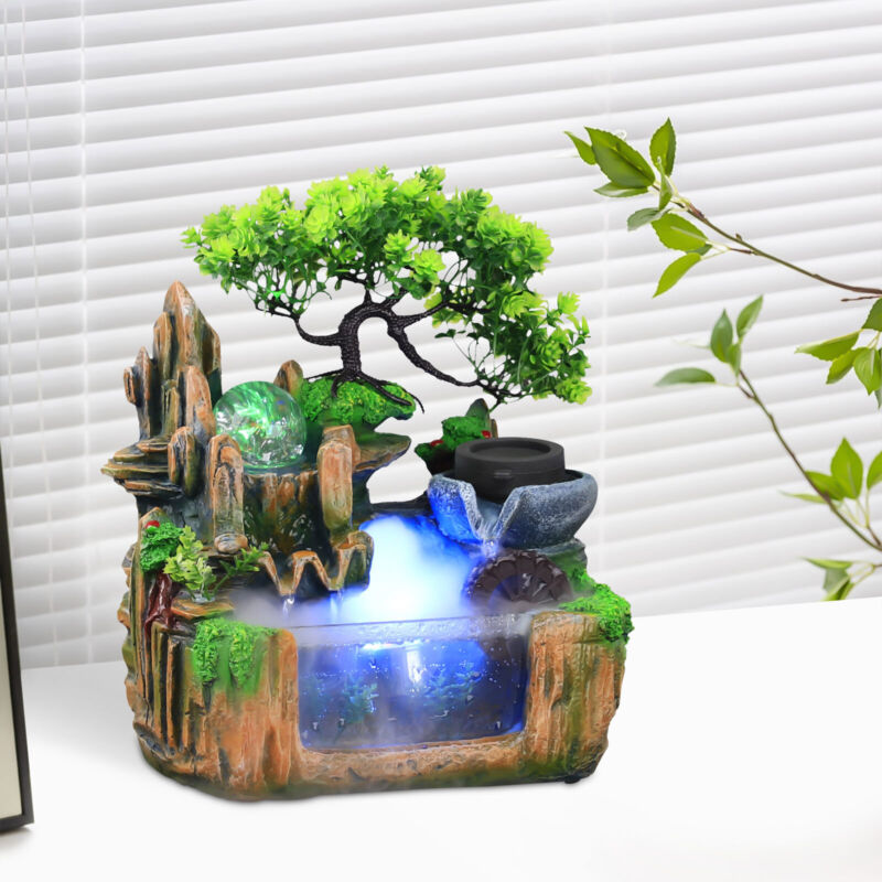 Indoor Water Fountain Tabletop Resin Rockery Fengshui Waterfall LED Light Decor