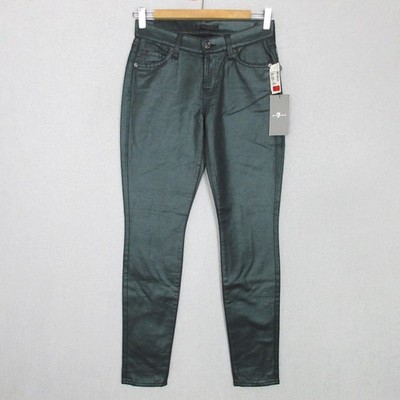 7 For All Mankind Womens Emerald Green Metallic Coated Skinny Jeans Size 24 NWT
