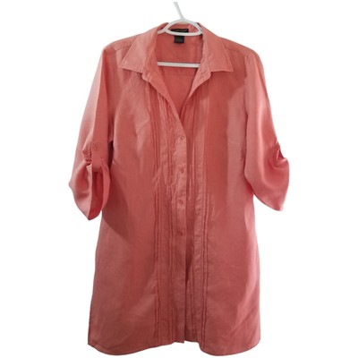 E-COL-O-GIE Coral Button Up Women Shirt Linen Size L Tab Sleeves