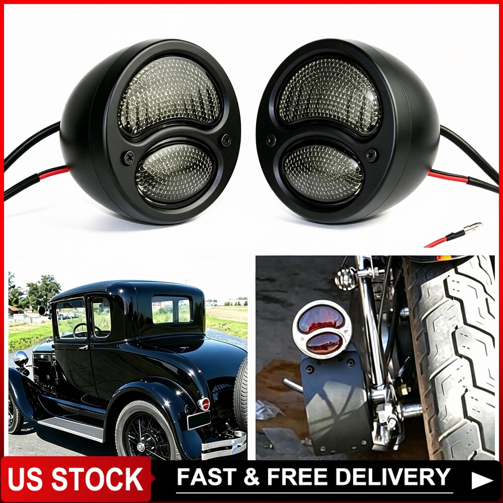 2PCS For1928-1931 Ford Custom Taillight Rear LED Stop Brake Tail Light Lamp US