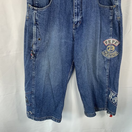 Pepe Jeans London Mens 38 Medium Blue Wash Denim Long Shorts Embroidered Logos