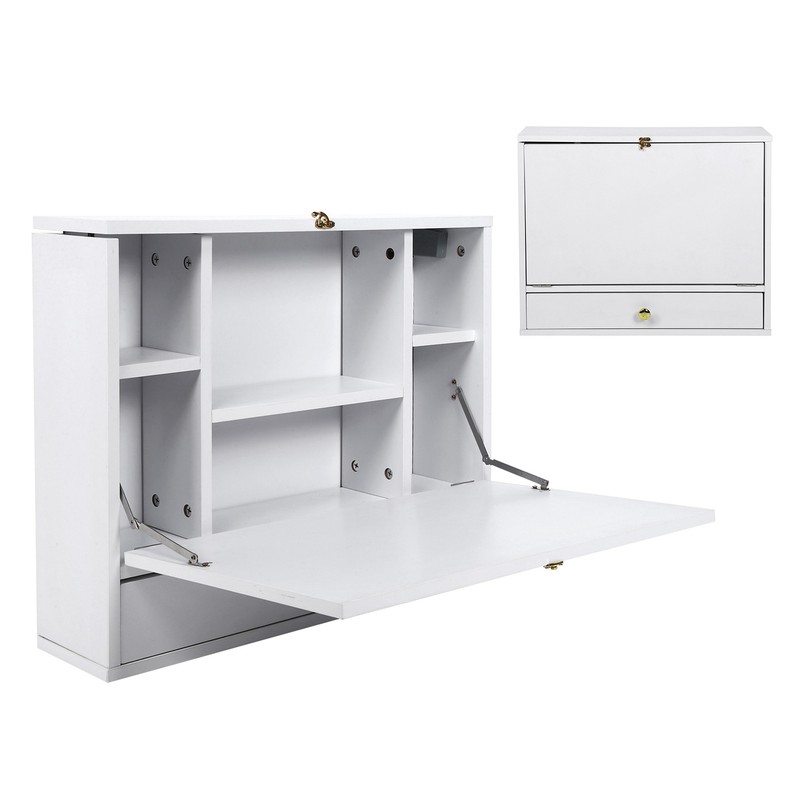 Wall-Mounted Floating Desk Folding Laptop Workstation Table With Storage Cabinet