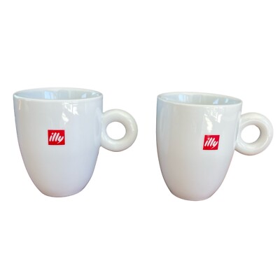 x2 illy IPA Coffee Mugs Cups Red Logo & White Italian Made Porcelain