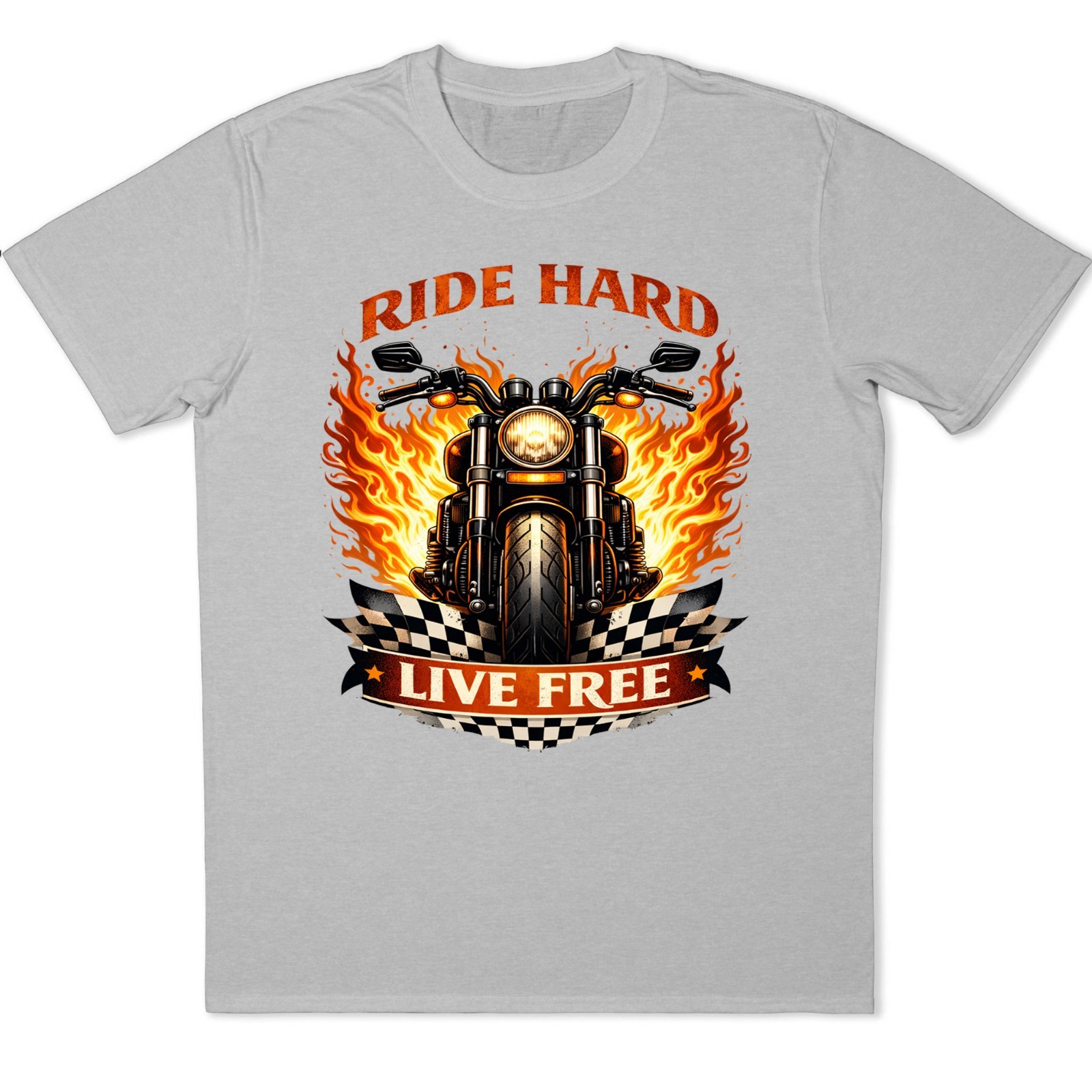 Ride Hard Live Free Motorcycle Flames Checkered Flag Biker Art Graphic T Shirt.