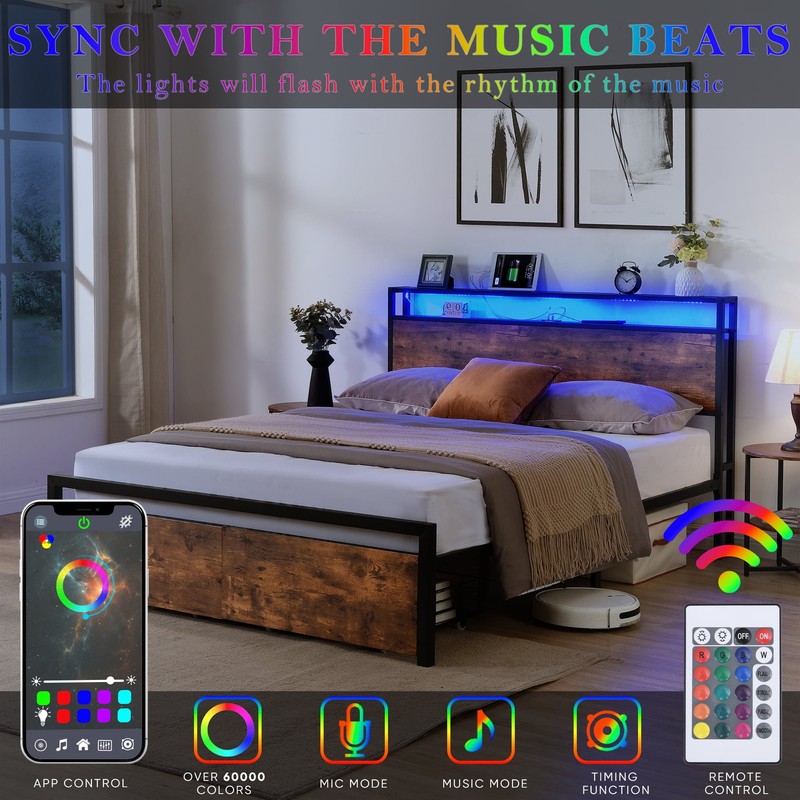 Marco De Cama Base Plataforma de Metal Cabecera LED Storage Habitacion FULL NEW