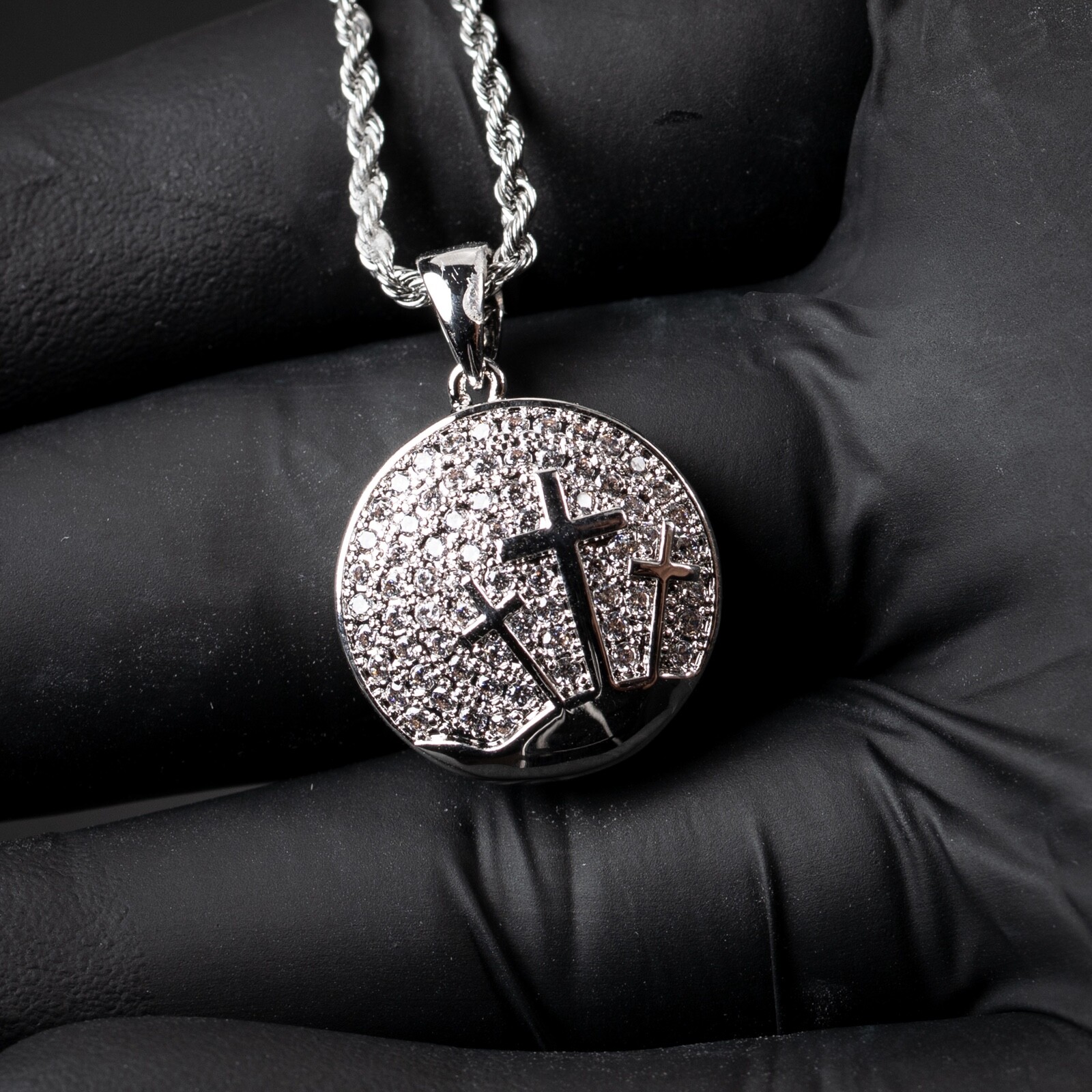 Mini White Gold Plated Micro Three Cross Pendant Hip Hop Rope Chain Necklace 