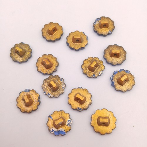 Lot of 13 Vintage Glass Buttons - Blue Flowers w/ Gold Back