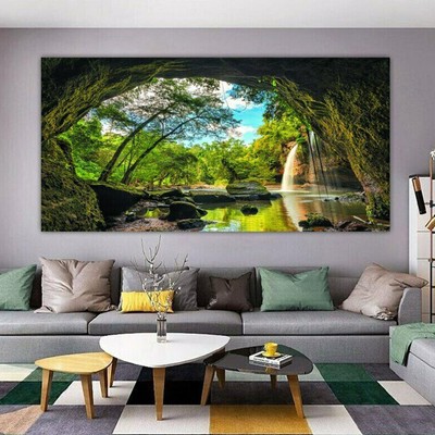 Landscape Picture Hole Tree Waterfall Canvas Painting Home Decor Poster Wall Art