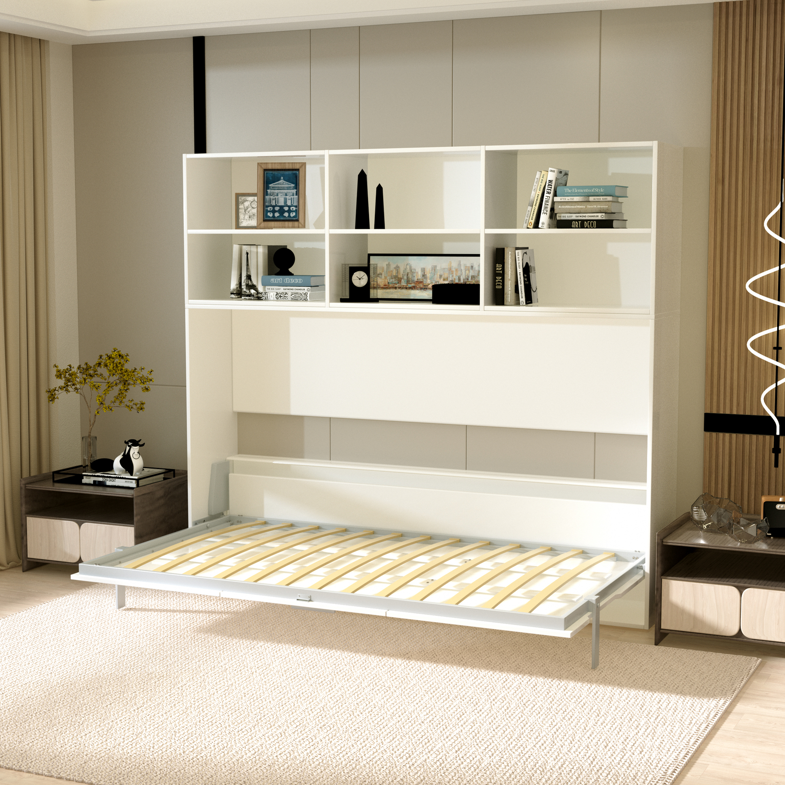 Twin Size Horizontal Folding Wall Bed Guest Bed W/ Shelf Storage Plywood White
