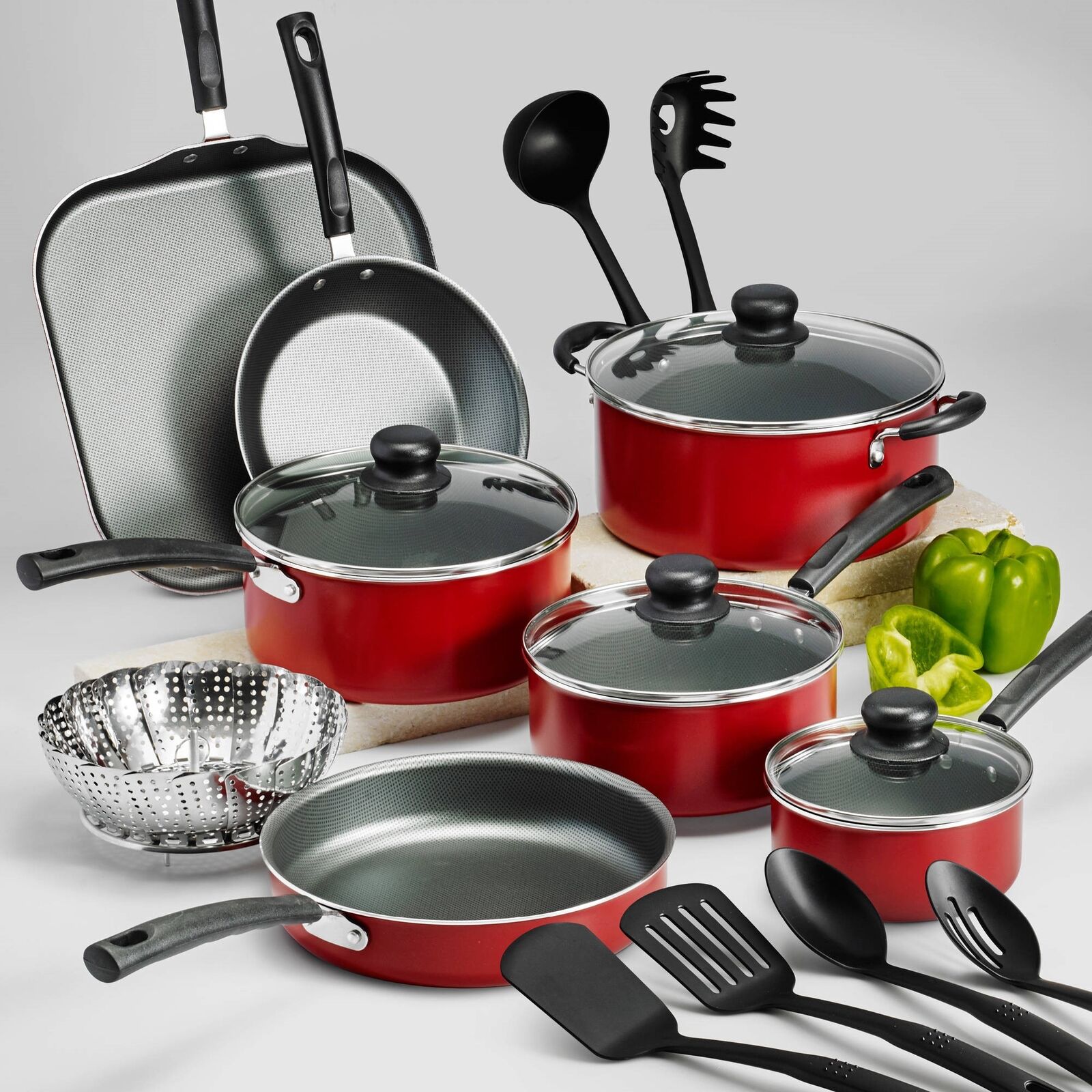 Red Cookware  Set  18 Piece Nonstick Aluminum Cook Pots Pans  