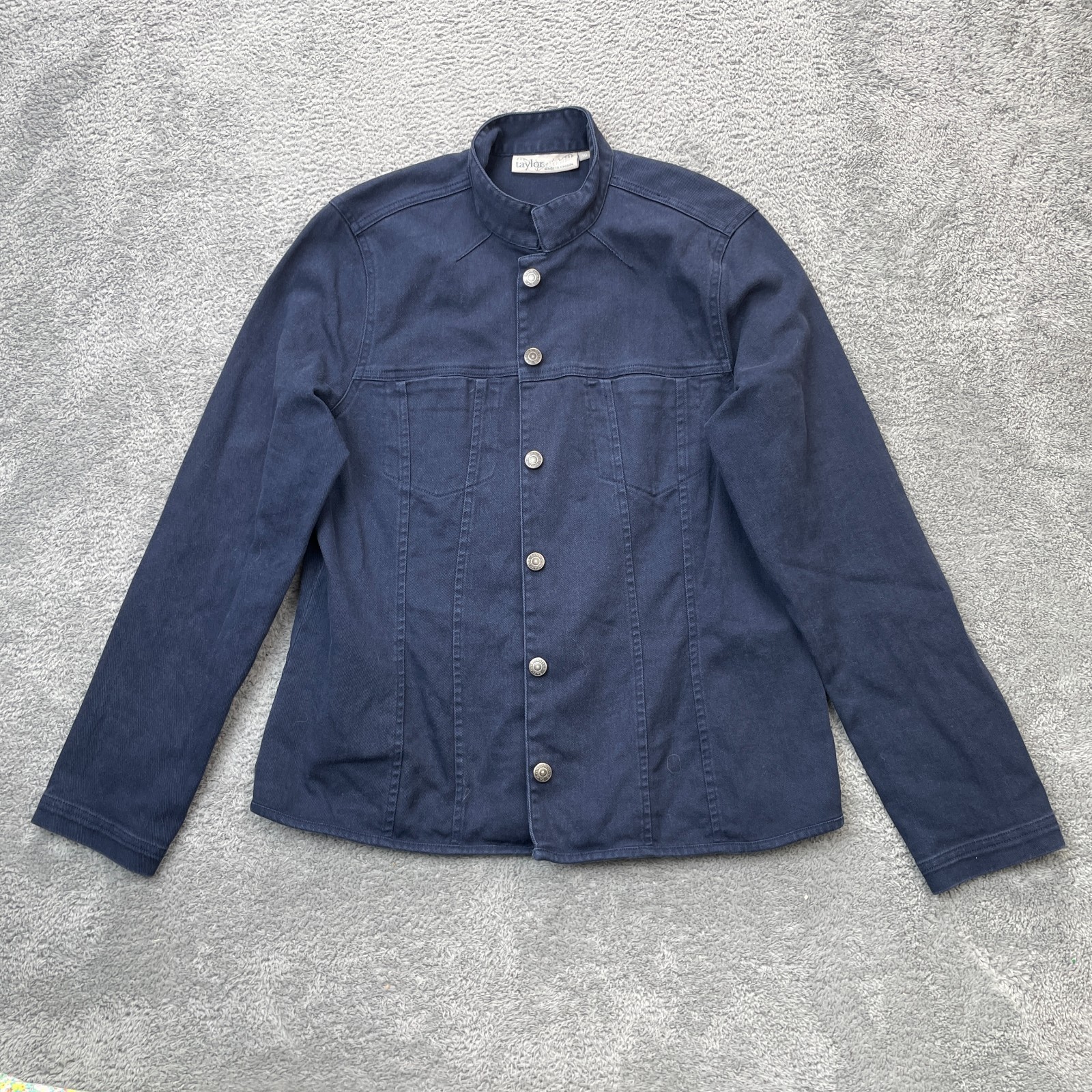 Taylor Brooke Jacket Womens 10 Blue Mandarin Collar Coat Denim Cotton Stretch