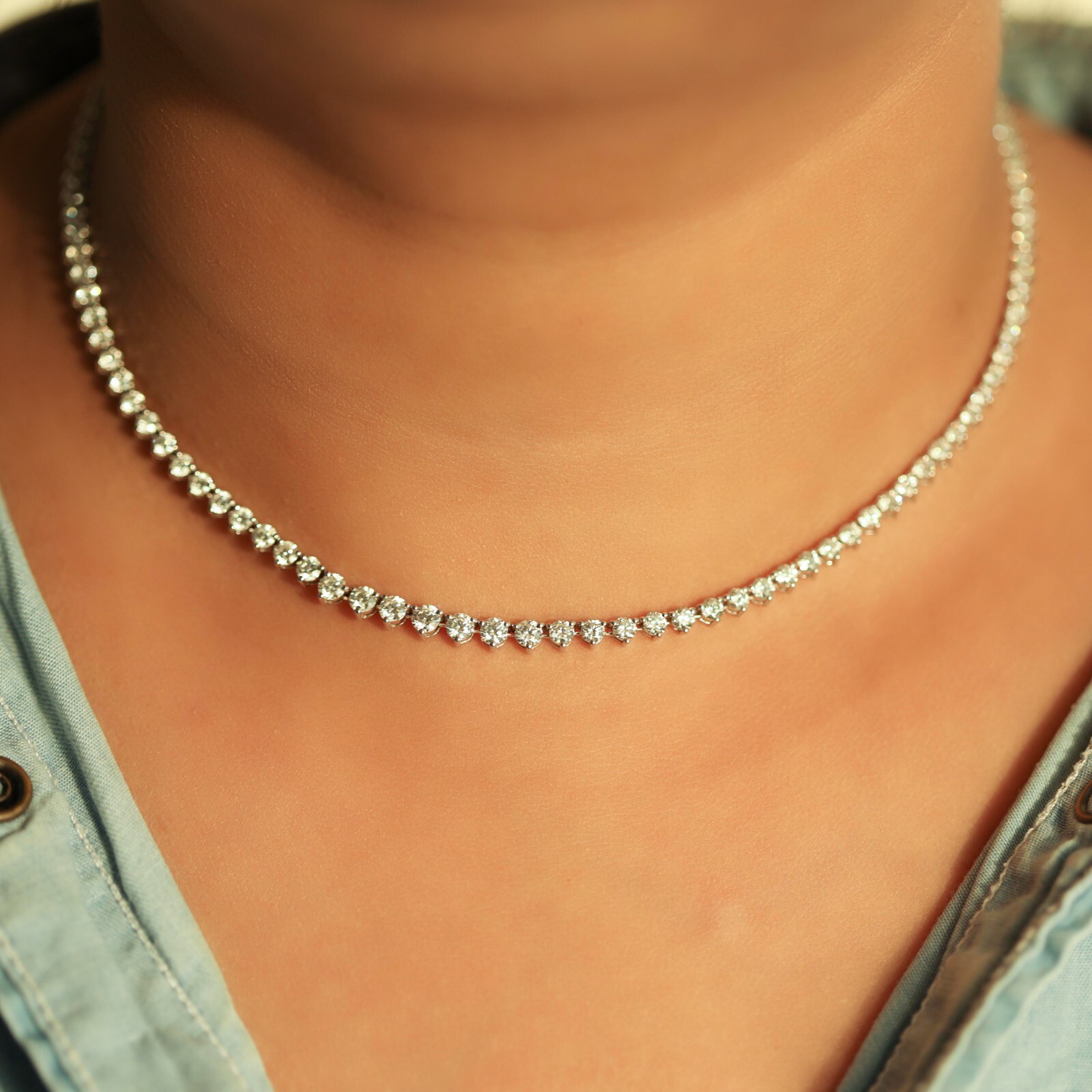 14k Diamond Gold Tennis Necklace 3-Prong Setting-For Mother's Day Gift🎁Jewelry