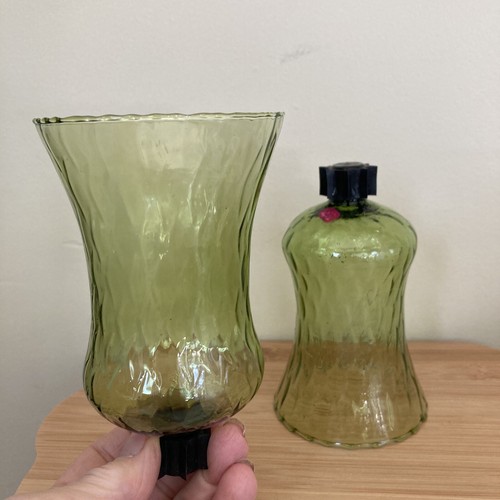 2 Homco? Avocado Green Glass Peg Votive Cups Candle Holders vtg mcm