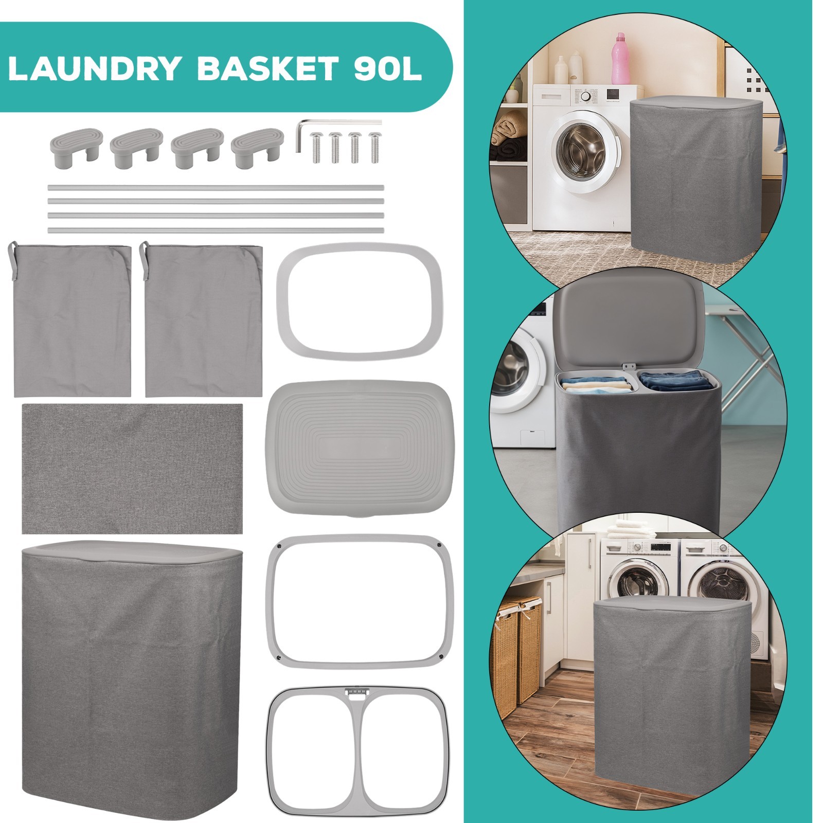 90L Laundry Basket with 2 Removable Laundry Bags Large Separation Basket