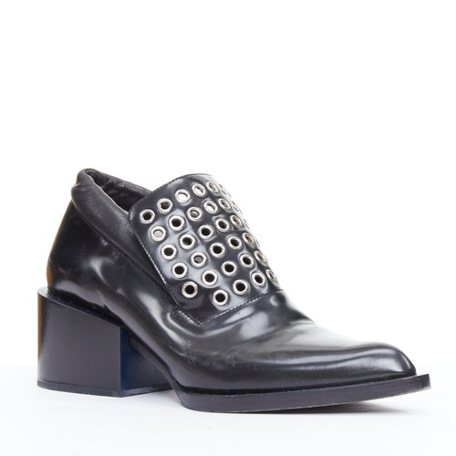 JIL SANDER silver grommet black leather block heel loafer