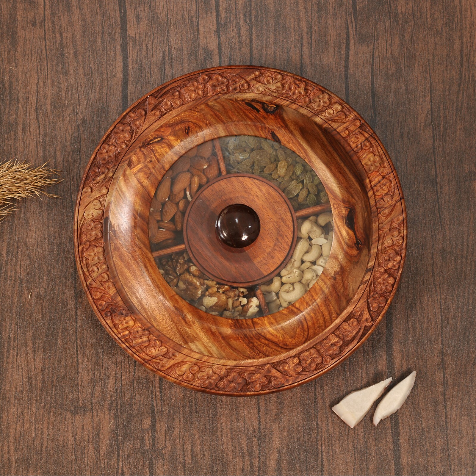 Indian Masala Dabba | Wooden Spice Container, Storage Organizer w/ Glass Lid Top