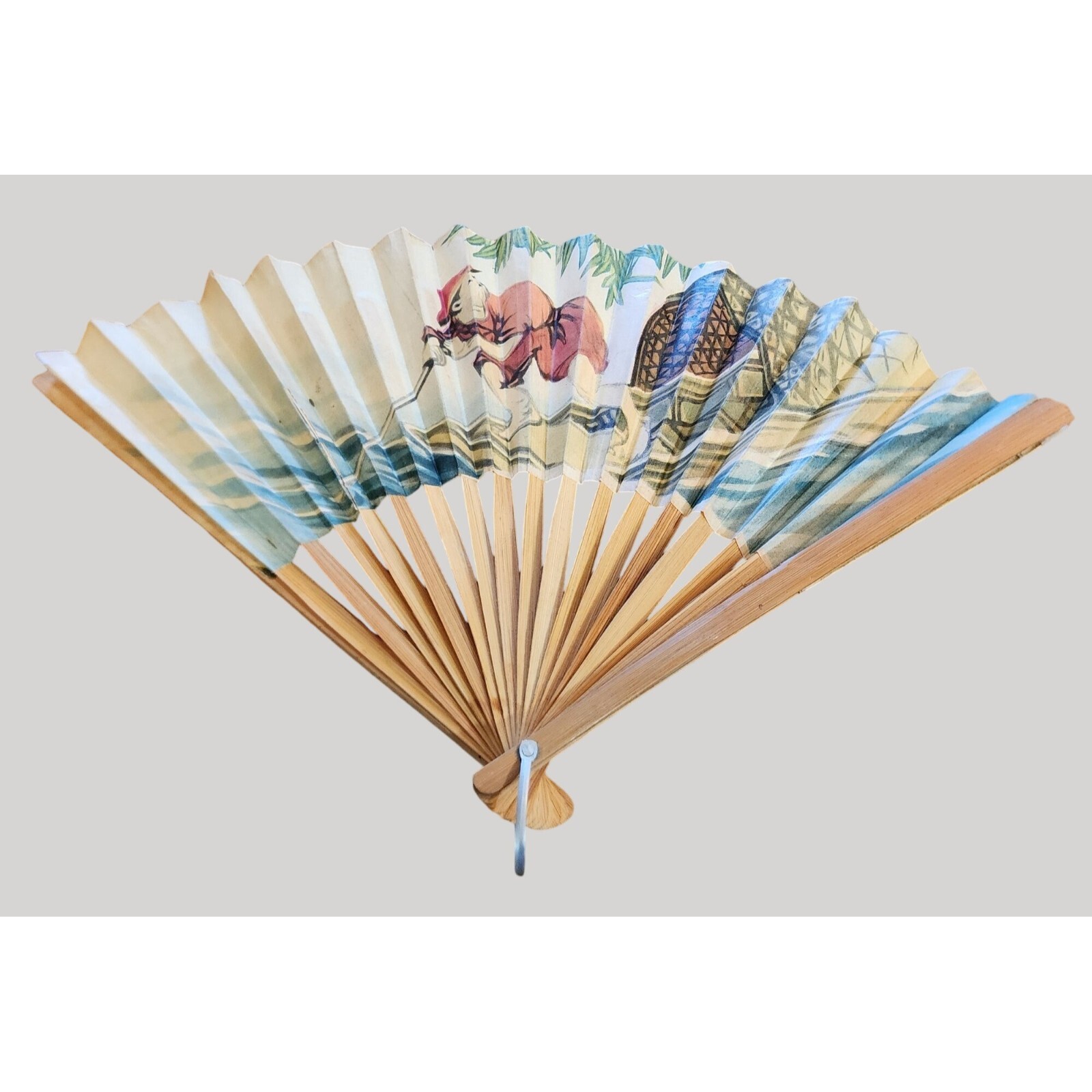 Vintage Hand-Painted Bamboo & Paper Folding Fan Man in Boat