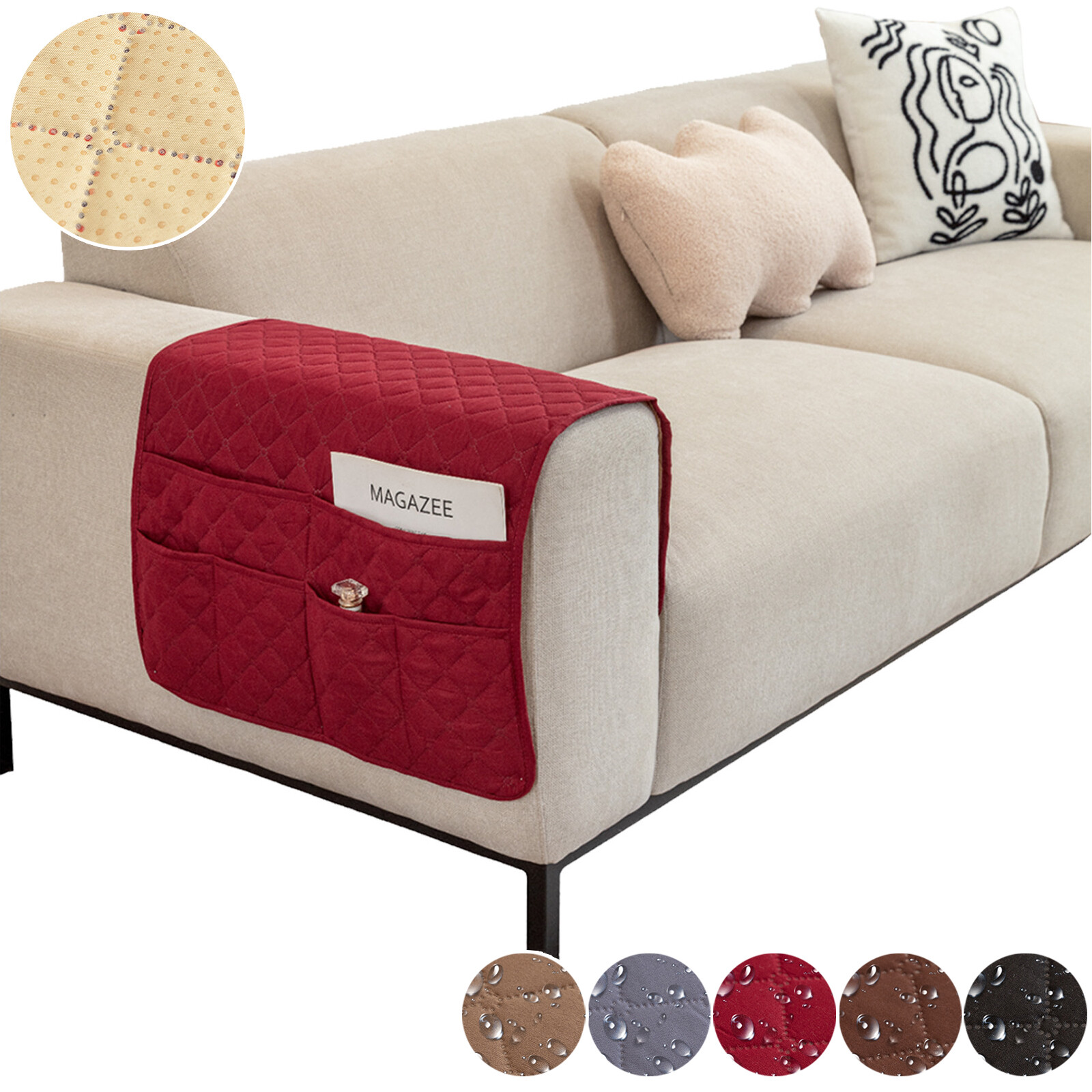 Arm Protector Cover Waterproof Quilted Armrest Sofa Couch Protector Pocket