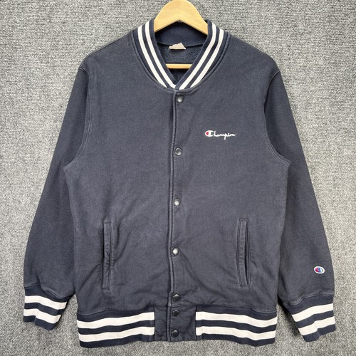 Vintage Champion Varsity Jacket Mens Medium Navy 90s Spell Out Logo Sports