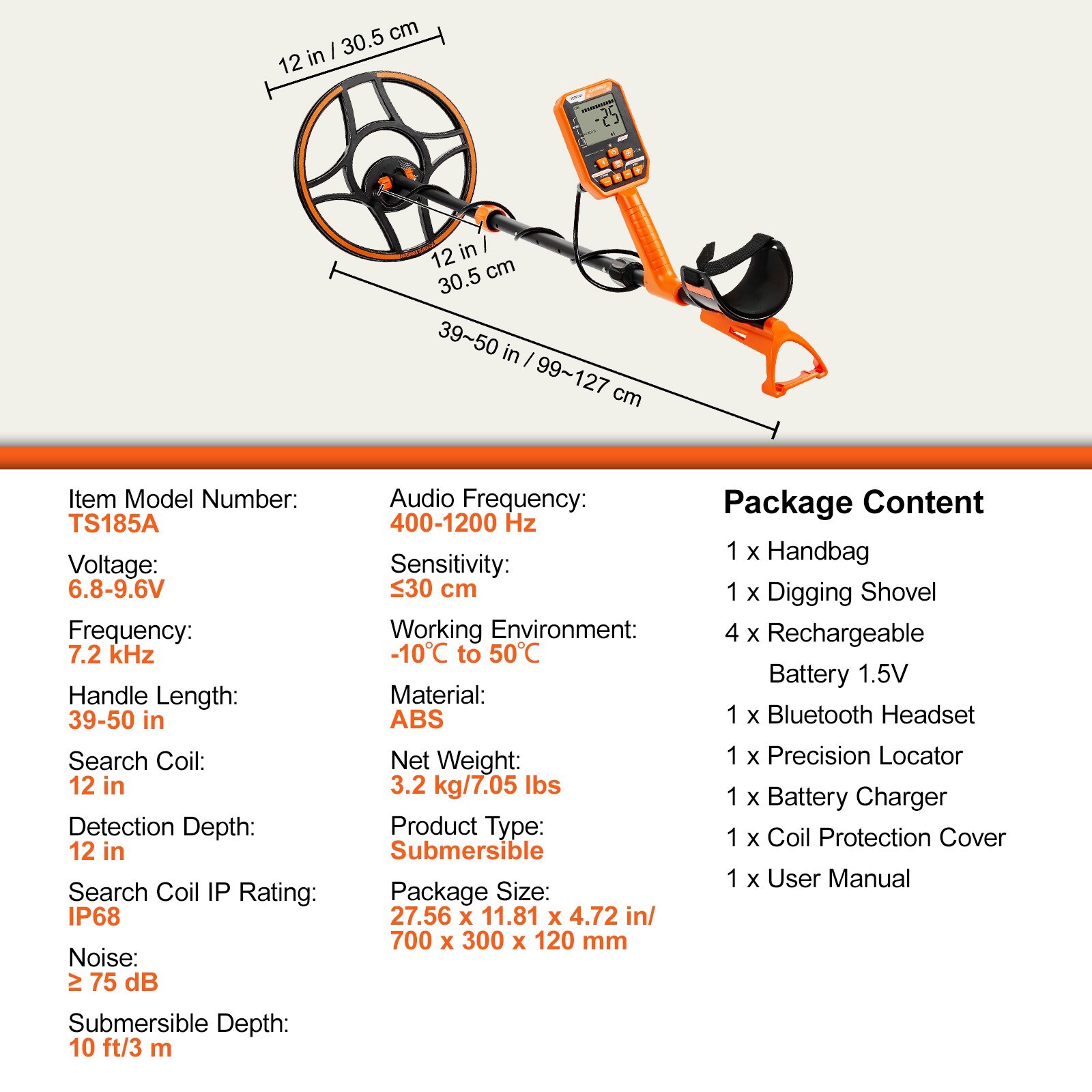 Waterproof Metal Detector Professional Rechargeable Gold Detector 12" Coil