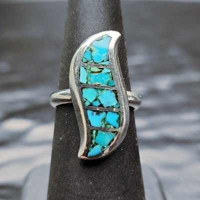Turquoise Ring Sz 6.5 Sterling Silver Vintage Chip Inlay Wave Southwestern