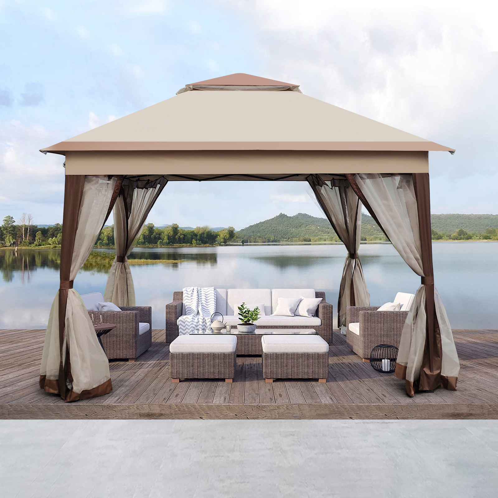 11x11Ft Patio Gazebo Metal Double Roof Canopy Gazebo Easy Setup with Netting