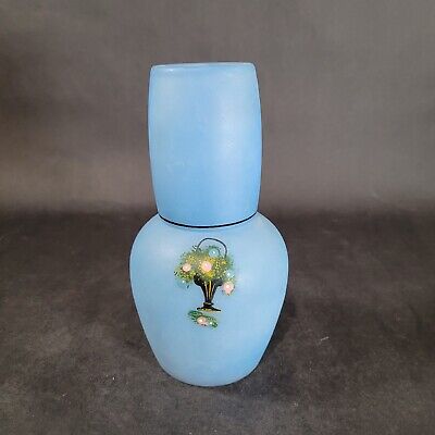 Vintage Blue Satin Frosted Glass Tumble Up With applied Floral Design