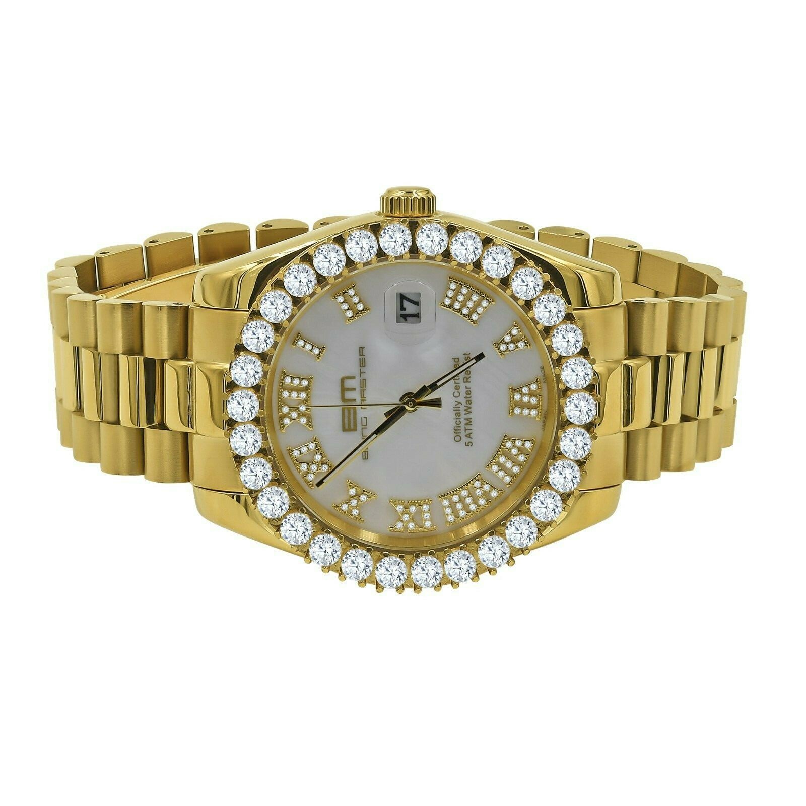 Pre-owned Bling Master Full Steel Gold Tone White Pearl Dial Simulated Diamond Presidential Watch 42mm